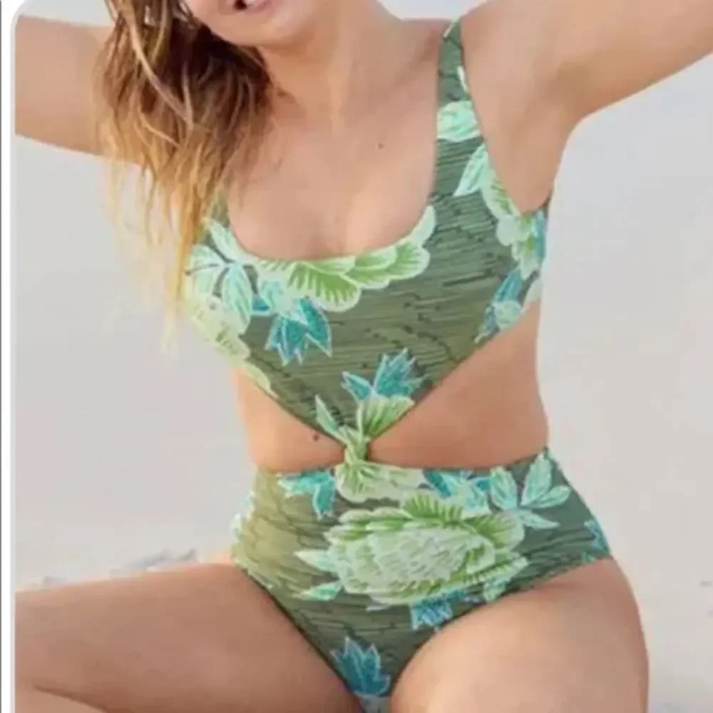 Aerie Green Floral Knot Front One Piece Swimsuit Size S Small